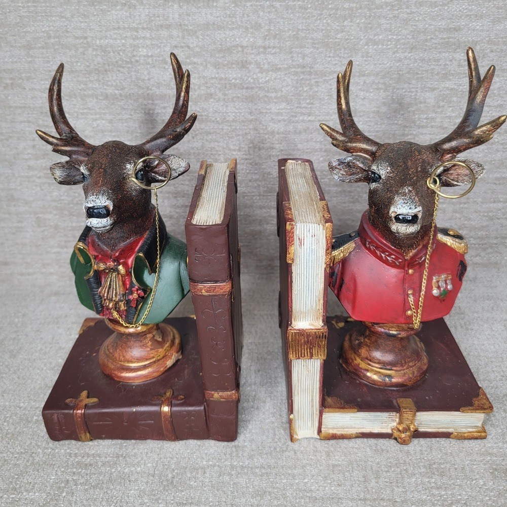 Noble Bookend Set of 2 Stag Deer Busts in Uniform with Monocle Glass Whimsy